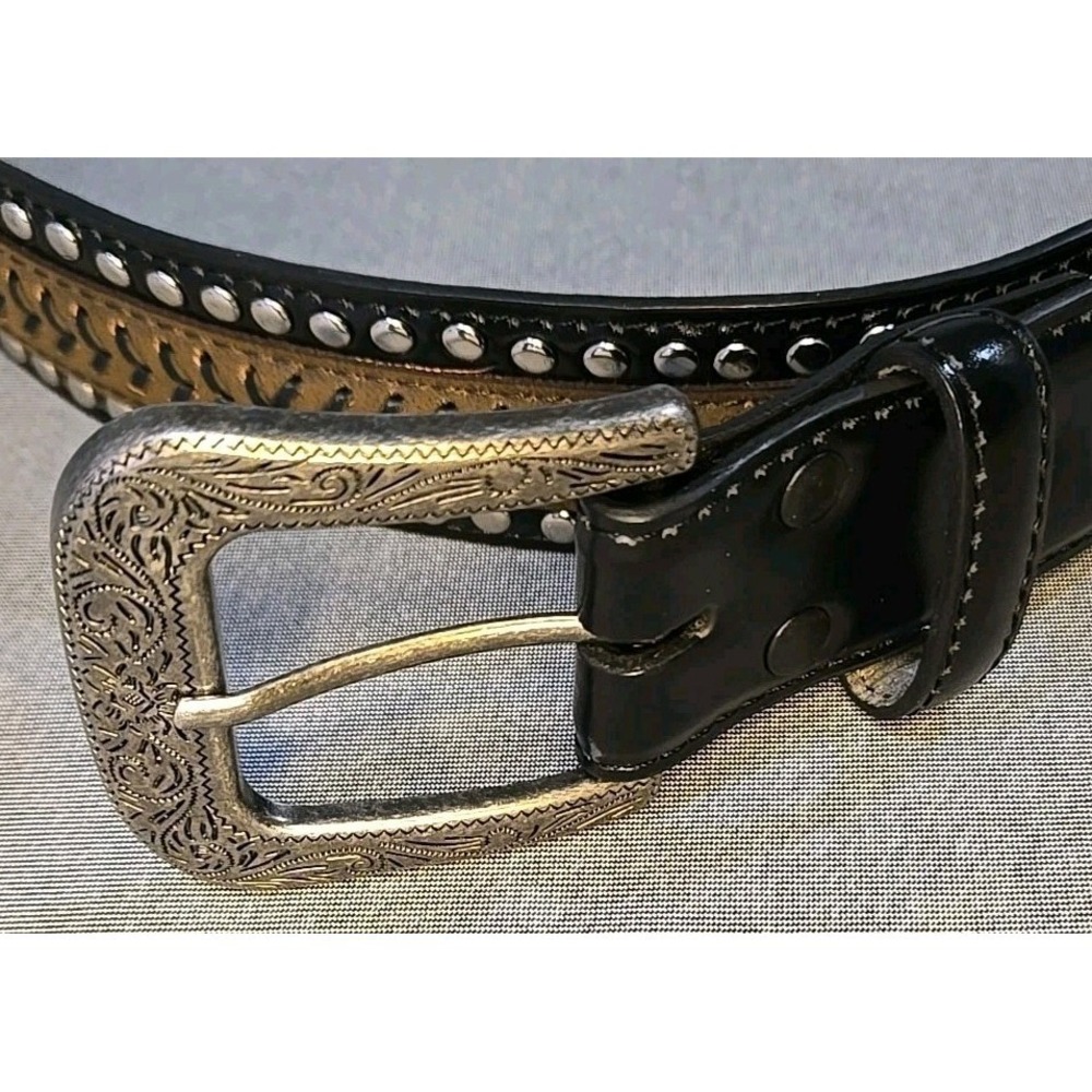 Western Studded Leather Belt 38 Hair on Hide Animal Print Southwestern Cowboy